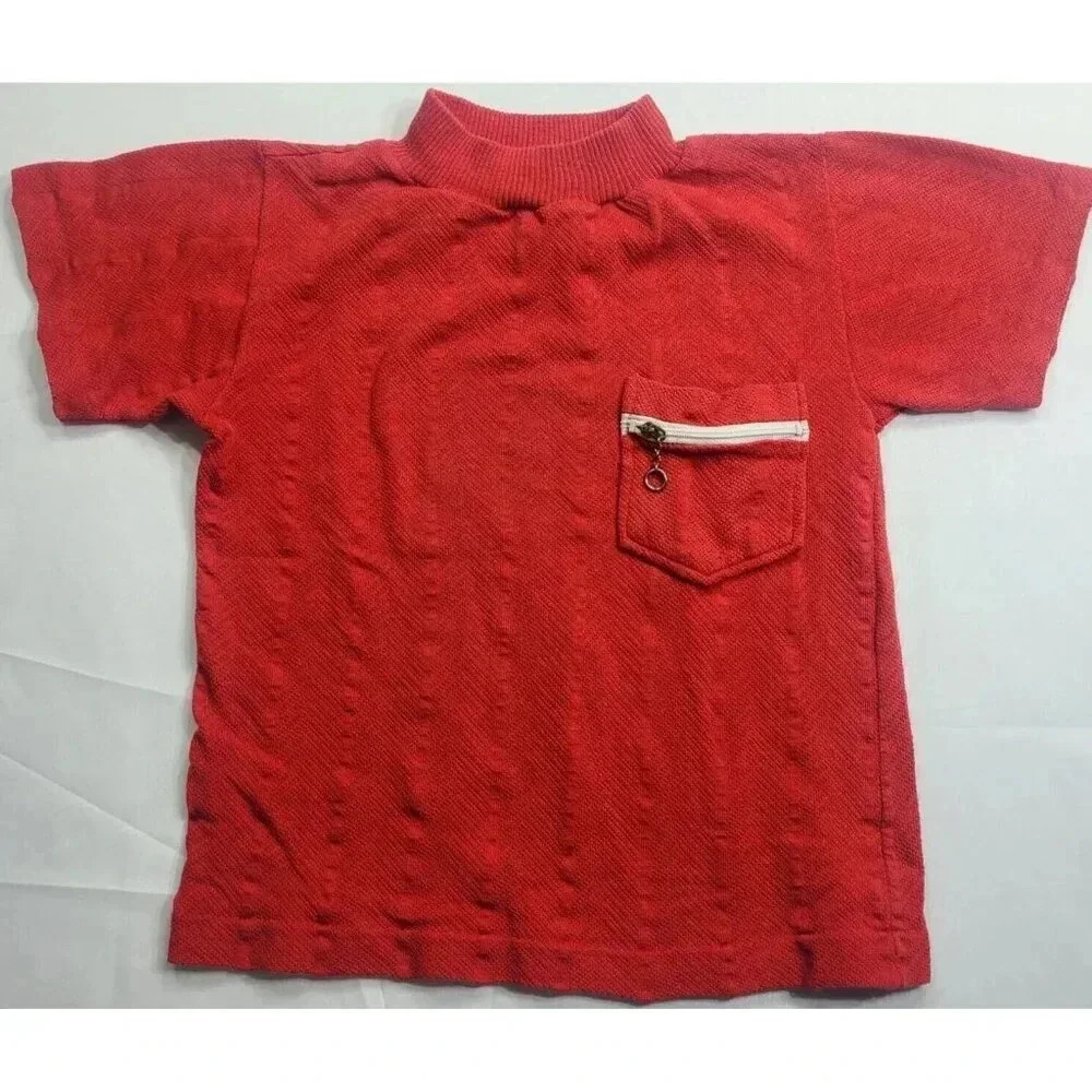 Vintage Donmoor Knit Washables Mockneck Shirt Kids 8 Red Short Sleeve 1970's USA